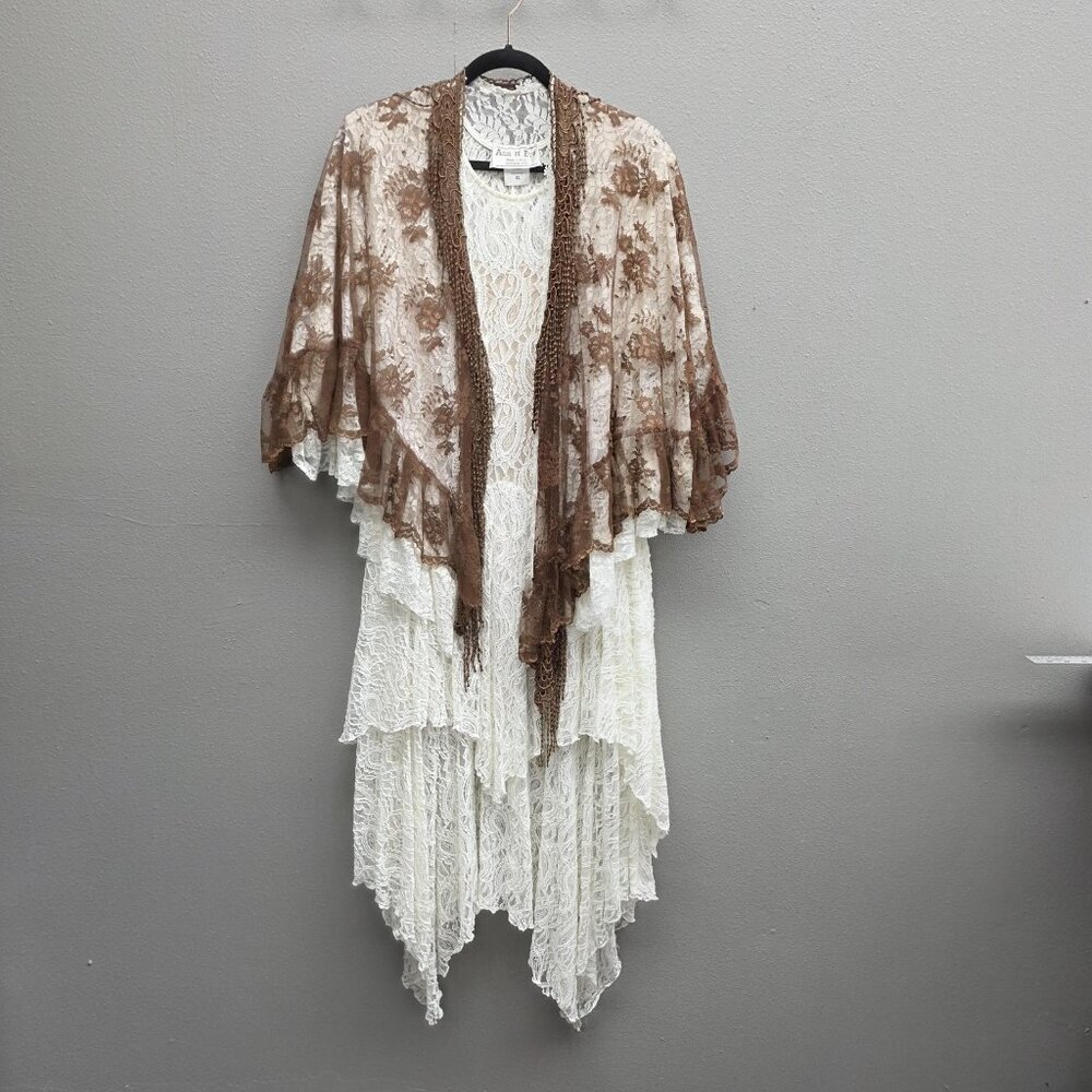 Ann N Eve Lace Dress Set Womens XL Ivory White Brown 3 Piece Boho Made U.S.A. - Picture 2 of 16
